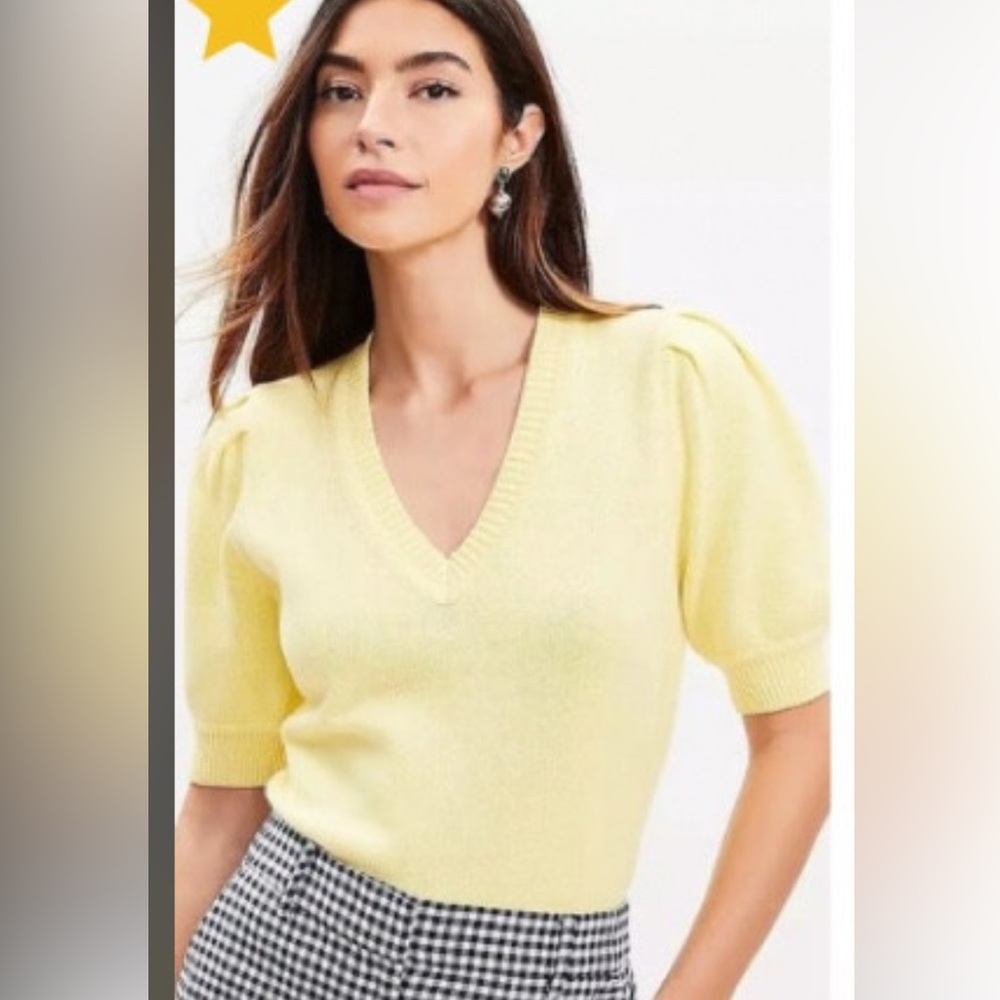 LOFT V-Neck Puff Sleeve Yellow Sweater